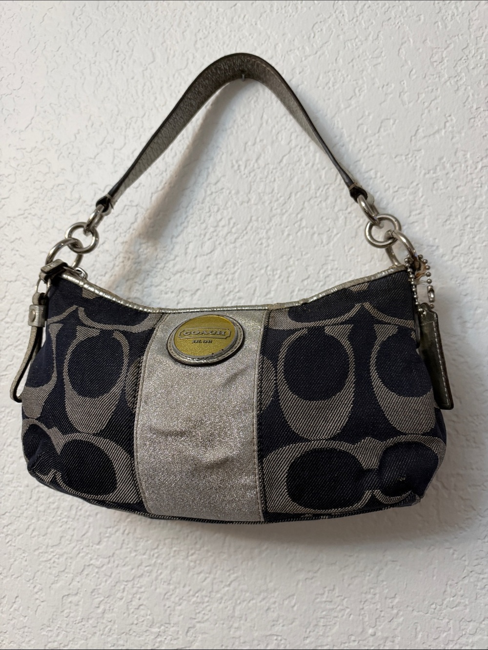 Y2K VintaCoach Metallic Accent Signature Canvas Shoulder Bag in Black and Silver